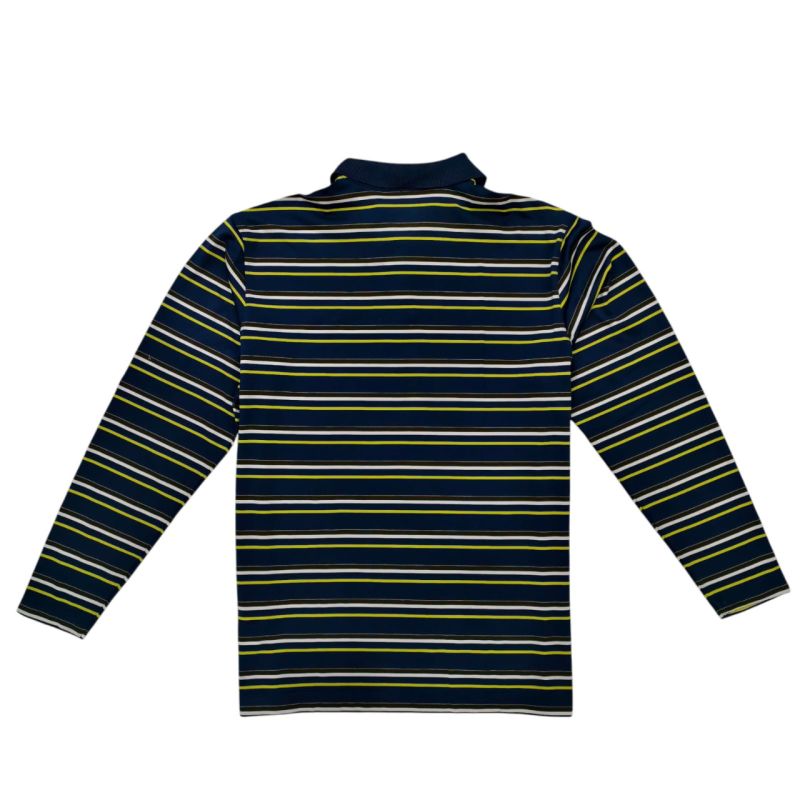 NIKE GOLF Polo Shirt Long Sleeves Dark Blue Stripped Blue Yellow Brown White