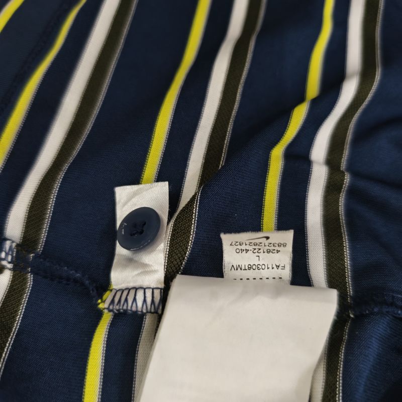 NIKE GOLF Polo Shirt Long Sleeves Dark Blue Stripped Blue Yellow Brown White