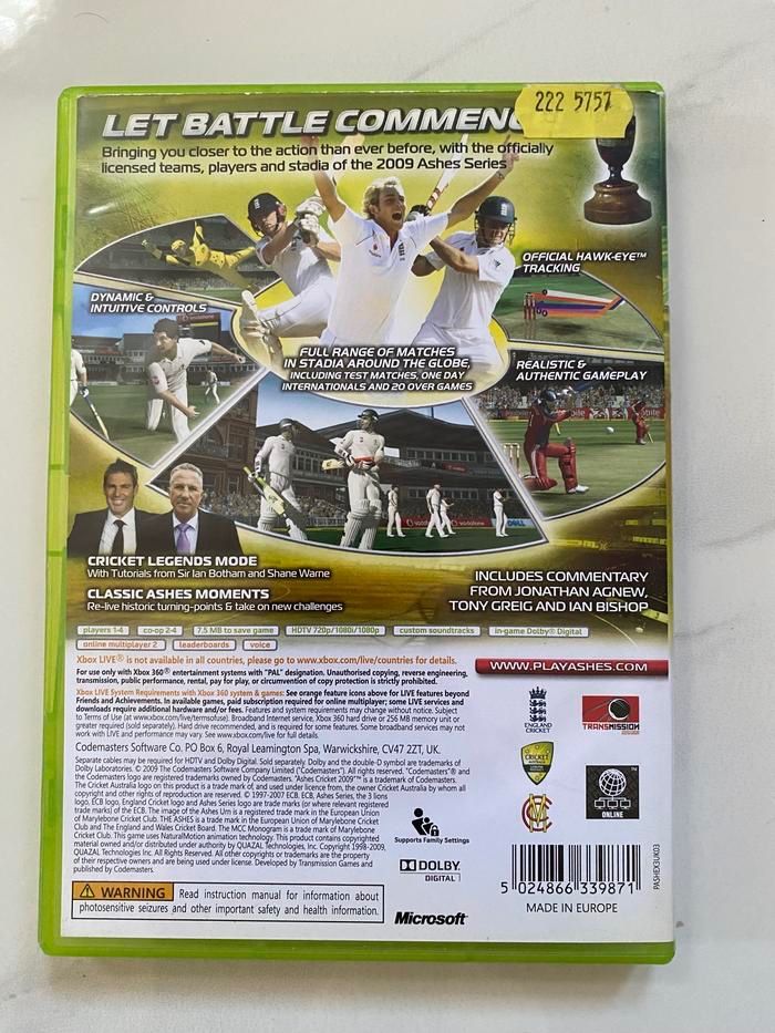 Xbox 360 Ashes Cricket 2009 CD DVD BD Ori Region PAL Original