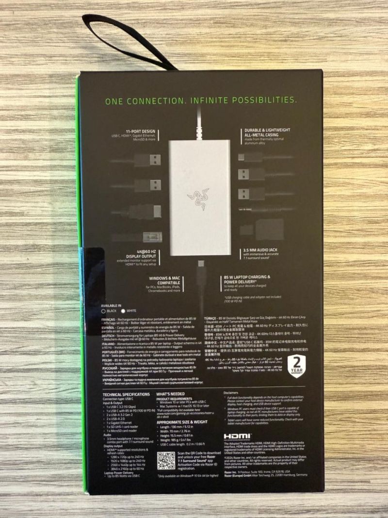 Razer USB Hub Type-C to USB 3.0,Gigabit Ethernet (RJ-45) Port,HDMI 4K @60Hz,SD,UHS-I Card Slot 11in1