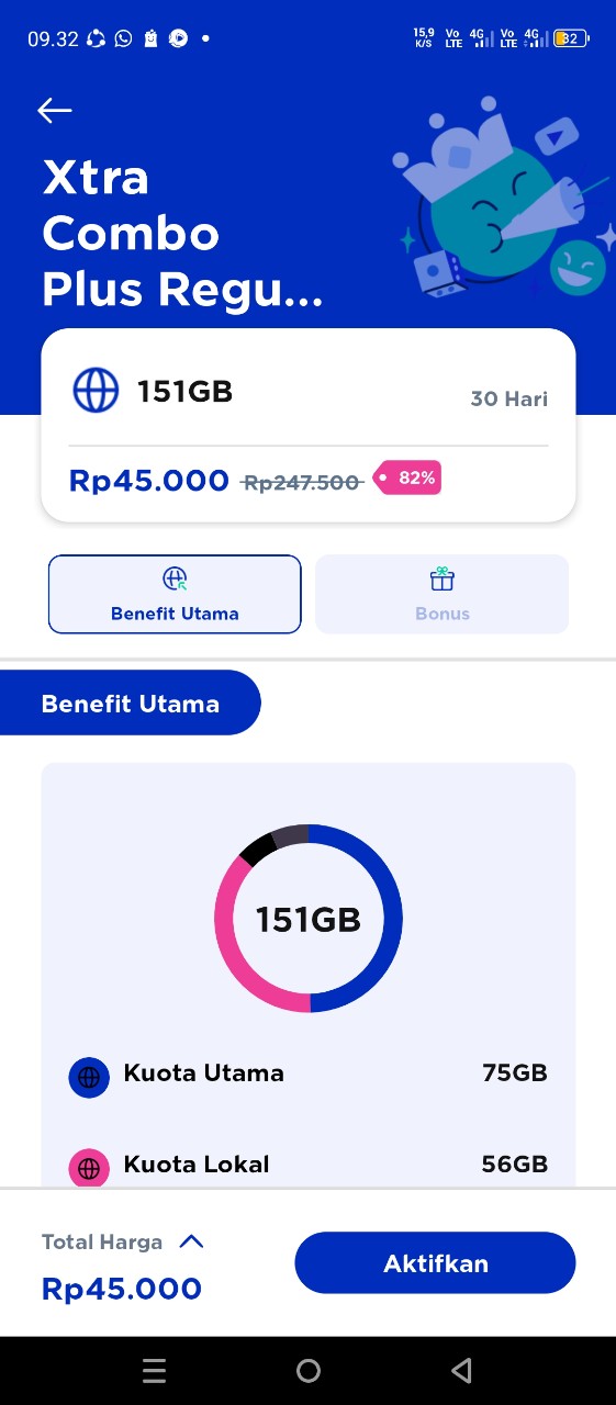 Kartu xl xtra combo plus diskon 82% 45 ribu