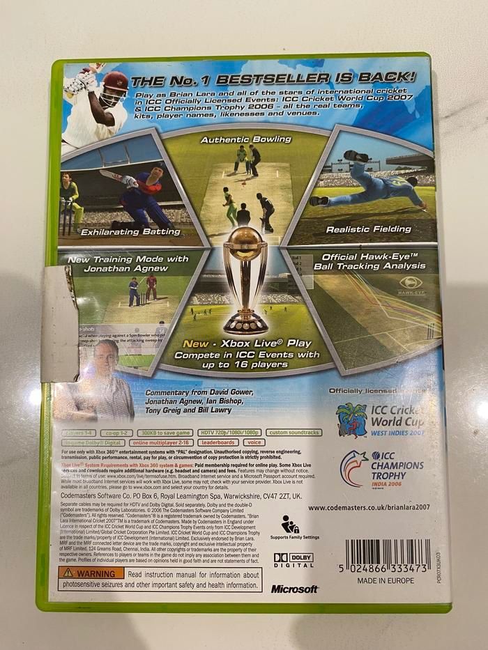 Xbox 360 Brian Lara International Cricket 2007 CD DVD BD Ori Reg PAL